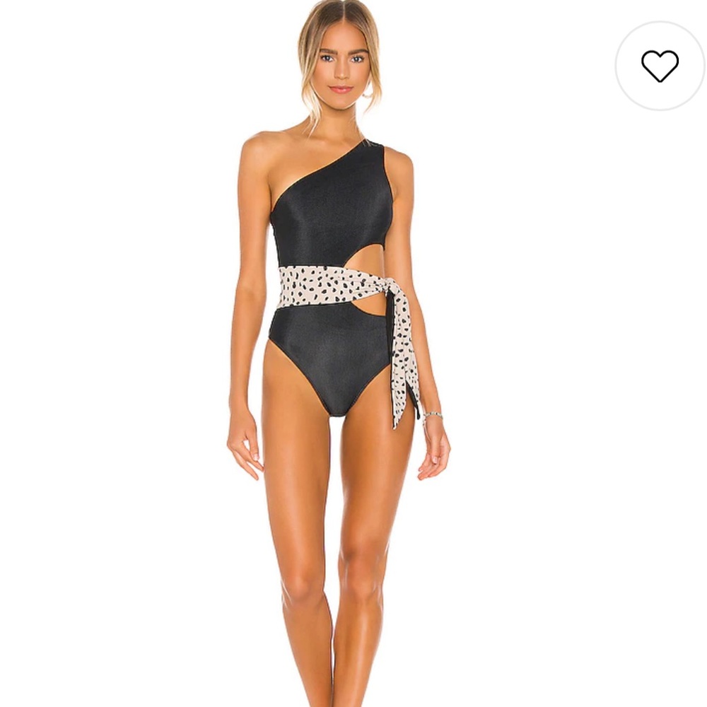 Gorgeous One Piece Bathing Suit with Taupe Spotted Waist Wrap